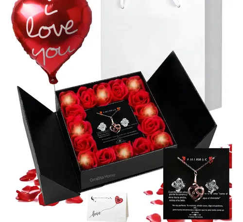 Caja de rosas eternas con joyería "Te Amo" y luces